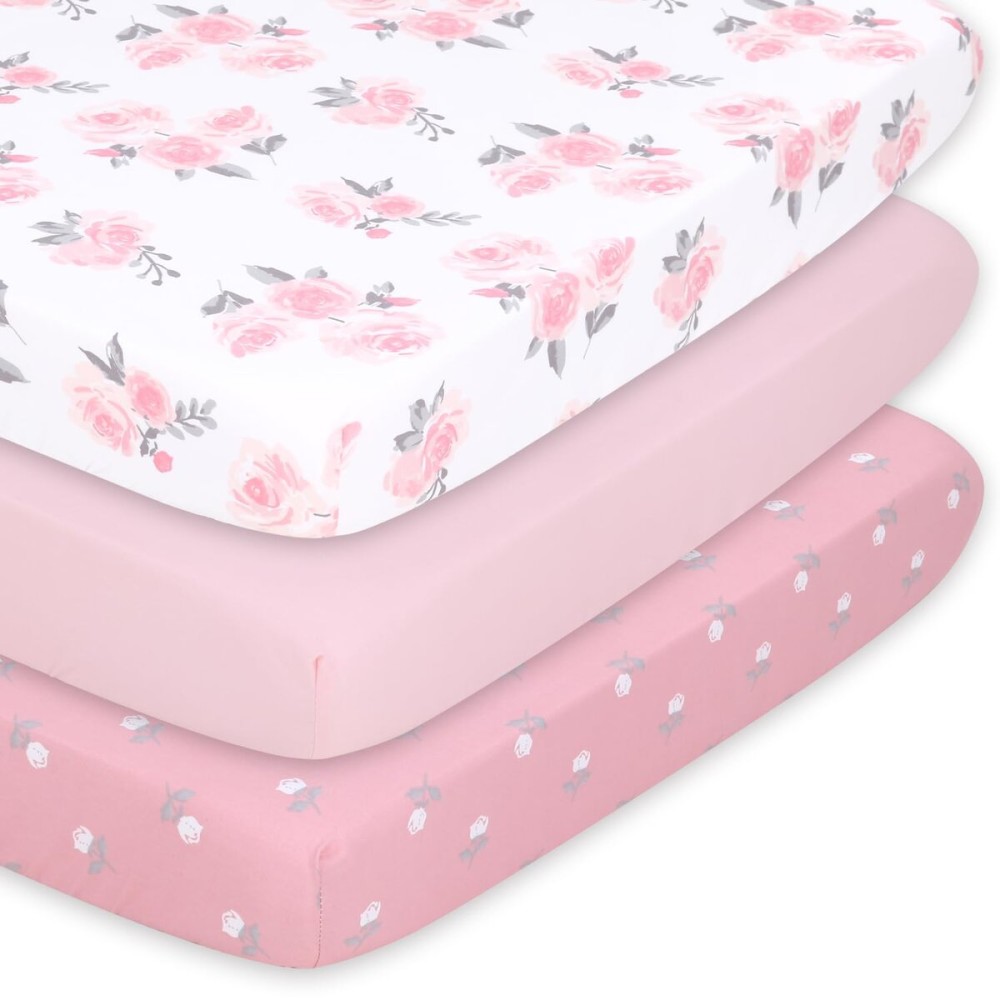 The Peanutshell 3-Pack Fitted Playard Sheets - Soft & Breathable Baby Girl Mini Crib Sheets, Pack N Play Mattress, Fits Standard Playard Pack Play Mattresses - Pink Roses & Ditsy