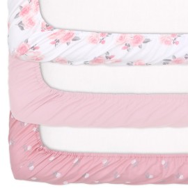 The Peanutshell 3-Pack Fitted Playard Sheets - Soft & Breathable Baby Girl Mini Crib Sheets, Pack N Play Mattress, Fits Standard Playard Pack Play Mattresses - Pink Roses & Ditsy