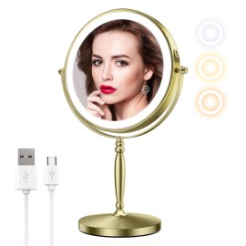 Matekxy 8 Lighted Makeup Mirror with Magnification - 1X/10X Magnifying Desk Mirror with Rechargeable LED Lights, 3 Colors Dimmable Tabletop Mirror, Brass Gold