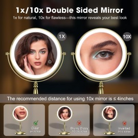 Matekxy 8 Lighted Makeup Mirror with Magnification - 1X/10X Magnifying Desk Mirror with Rechargeable LED Lights, 3 Colors Dimmable Tabletop Mirror, Brass Gold Matekxy 8 Lighted Makeup Mirror with Magnification - 1X/10X Magnifying Desk Mirror with Rechargeable LED Lights, 3 Colors Dimmable Tabletop Mirror, Brass Gold