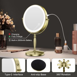 Matekxy 8 Lighted Makeup Mirror with Magnification - 1X/10X Magnifying Desk Mirror with Rechargeable LED Lights, 3 Colors Dimmable Tabletop Mirror, Brass Gold Matekxy 8 Lighted Makeup Mirror with Magnification - 1X/10X Magnifying Desk Mirror with Rechargeable LED Lights, 3 Colors Dimmable Tabletop Mirror, Brass Gold