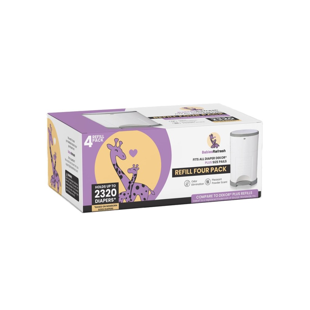 Refills Compatible with DEKOR PLUS Diaper Pail Refills | 4 Pack | Diaper Pail Odor Eliminator| Fresh Powder Scent | Each Diaper Bag Refill Holds up to 2320 Diapers | Diaper bin refill