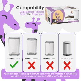 Refills Compatible with DEKOR PLUS Diaper Pail Refills | 4 Pack | Diaper Pail Odor Eliminator| Fresh Powder Scent | Each Diaper Bag Refill Holds up to 2320 Diapers | Diaper bin refill