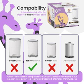 BabiesRefresh Refills Compatible with DEKOR CLASSIC Diaper Pail Refills | 8 Pack | Diaper Pail Odor Eliminator| Fresh Powder Scent | Each Diaper Bag Refill Holds up to 3960 Diapers | Diaper bin refill