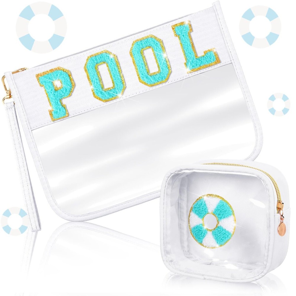 Hillban 2 Pcs Pool Bag Makeup Cosmetic Bag Clear Sunscreen Toiletry Zipper Pouch Beach Travel Summer Stuff Preppy Chenille Letter Patch Pouch PVC Waterproof Organizer Storage Mini Bogg Purse for Women Hillban 2 Pcs Pool Bag Makeup Cosmetic Bag Clear Sunscreen Toiletry Zipper Pouch Beach Travel Summer Stuff Preppy Chenille Letter Patch Pouch PVC Waterproof Organizer Storage Mini Bogg Purse for Women