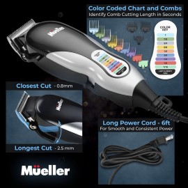Mueller Ultragroom Professional Hair Clippers for Men with Colored Design, Hair Trimmer for Men, 12 Guide Combs, Trimmer for Hair, Beards, Head, Body, and Face Mueller Ultragroom Professional Hair Clippers for Men with Colored Design, Hair Trimmer for Men, 12 Guide Combs, Trimmer for Hair, Beards, Head, Body, and Face
