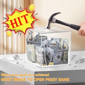Totola Clear and Unopenable Piggy Bank, Transparent Money Box for Cash Savings, Must-Break-to-Open Acrylic Coin Bank Change Jar for Real Money, Birthday Gifts for Kids & Adults (Square, Medium)