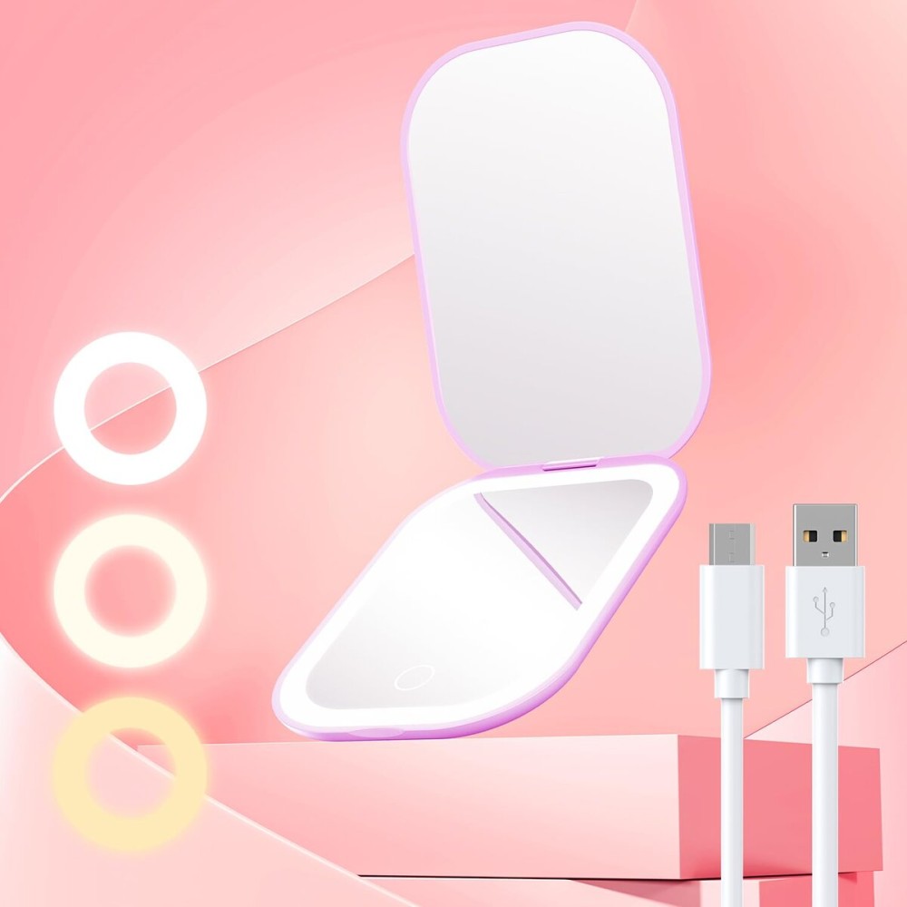 Gospire Ultra-Slim Lighted Travel Makeup Mirror with Lights and Magnification, Rechargeable 3X Magnifying Mirror with 3 Light Colors & Adjustable Brightness, LED Compact Mirror for Purses - Purple Gospire Ultra-Slim Lighted Travel Makeup Mirror with Lights and Magnification, Rechargeable 3X Magnifying Mirror with 3 Light Colors & Adjustable Brightness, LED Compact Mirror for Purses - Purple