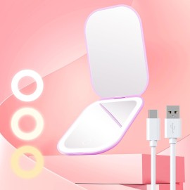 Gospire Ultra-Slim Lighted Travel Makeup Mirror with Lights and Magnification, Rechargeable 3X Magnifying Mirror with 3 Light Colors & Adjustable Brightness, LED Compact Mirror for Purses - Purple