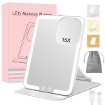 15X Travel Makeup Mirror with Lights,Rechargeable Portable 1X Vanity Mirror with 15X Magnifying Mirror,Folding Lighted Cosmetic Vanity Mirror with Adjustable Stand,3 Color Lighting,Dimmable