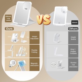 15X Travel Makeup Mirror with Lights,Rechargeable Portable 1X Vanity Mirror with 15X Magnifying Mirror,Folding Lighted Cosmetic Vanity Mirror with Adjustable Stand,3 Color Lighting,Dimmable