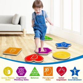 Billeeit Wooden Balance Stepping Stones for Kids, Toddler Balance Beam Toy(Multi-Shape and Colored)