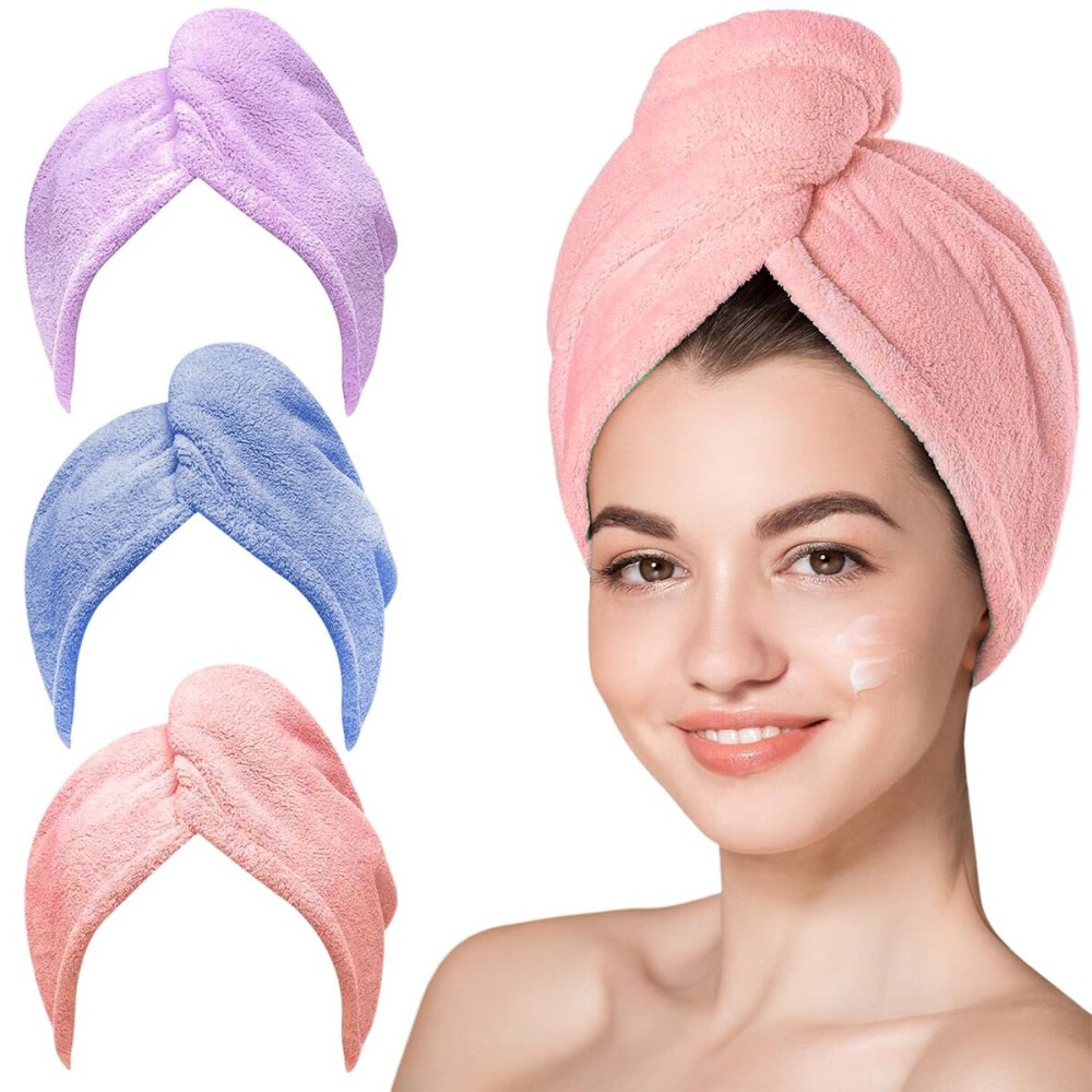 YHPDYL 3 Pack Microfiber Hair Towel Wrap for Women, Fast Drying Hair Turban with Button, Anti-Frizz Large Hair Towel for All Hair Styles, Soft & Absorbent Hair Drying Towel(Bule,Purple,Orange)