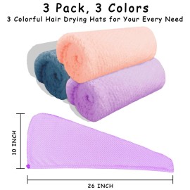 YHPDYL 3 Pack Microfiber Hair Towel Wrap for Women, Fast Drying Hair Turban with Button, Anti-Frizz Large Hair Towel for All Hair Styles, Soft & Absorbent Hair Drying Towel(Bule,Purple,Orange)