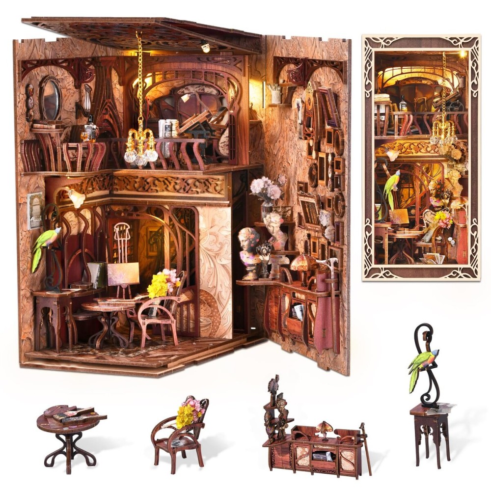 DIY Book Nook Kit, Miniature Dollhouse Booknook Kit, 3D Wooden Puzzle Bookend Bookshelf Insert with LED Light for Teens and Adults, Painter\'s Day at Dusk