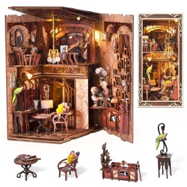 DIY Book Nook Kit, Miniature Dollhouse Booknook Kit, 3D Wooden Puzzle Bookend Bookshelf Insert with LED Light for Teens and Adults, Painter\'s Day at Dusk