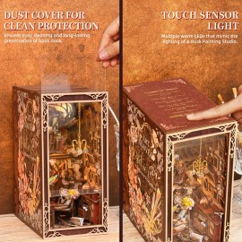 DIY Book Nook Kit, Miniature Dollhouse Booknook Kit, 3D Wooden Puzzle Bookend Bookshelf Insert with LED Light for Teens and Adults, Painter\'s Day at Dusk