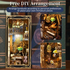 CCCDF Book Nook Kit, DIY Miniature Dollhouse Booknook Kit, 3D Wooden Puzzle Bookend Bookshelf Insert Decor with LED Light for Teens and Adults (Pianist with Nightingale)