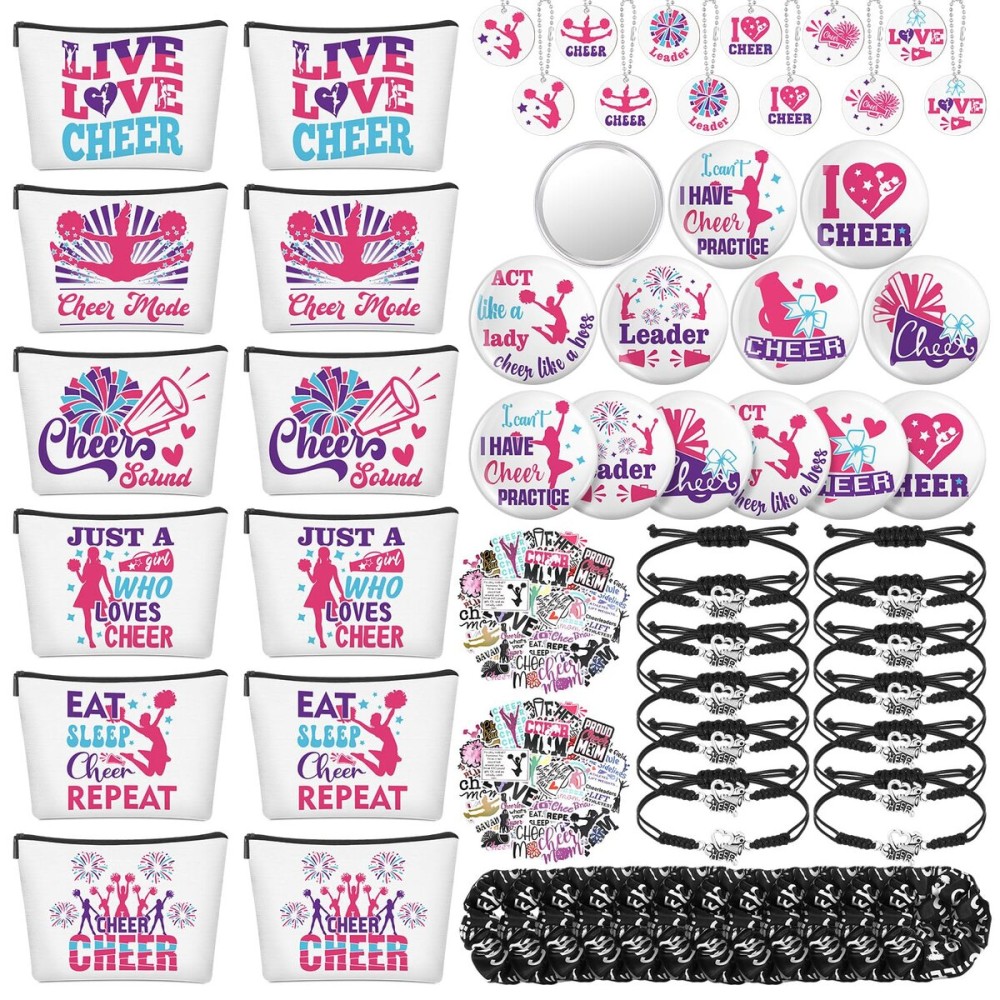Lyrow 160 Pcs Cheerleader Gifts Bulk for Team Cheer Scrunchies Hair Ties Makeup Bag Cheer Mirror Bracelet Keychain Sticker for Back to School(Pink)