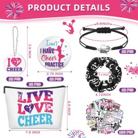 Lyrow 160 Pcs Cheerleader Gifts Bulk for Team Cheer Scrunchies Hair Ties Makeup Bag Cheer Mirror Bracelet Keychain Sticker for Back to School(Pink)