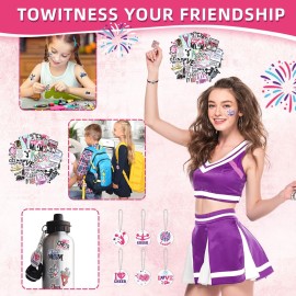 Lyrow 160 Pcs Cheerleader Gifts Bulk for Team Cheer Scrunchies Hair Ties Makeup Bag Cheer Mirror Bracelet Keychain Sticker for Back to School(Pink)
