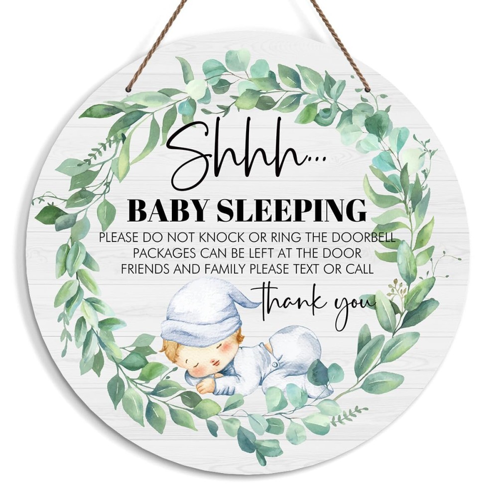 Baby Sleeping Sign for Front Door, Do Not Knock or Ring Doorbell Door Decorations, Wooden Hanging Sign for Farmhouse Porch Nursery, Greenery Wood Door Hanger for Outdoor, Kids Room Wall Decor -40