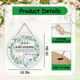 Baby Sleeping Sign for Front Door, Do Not Knock or Ring Doorbell Door Decorations, Wooden Hanging Sign for Farmhouse Porch Nursery, Greenery Wood Door Hanger for Outdoor, Kids Room Wall Decor -40