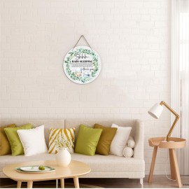 Baby Sleeping Sign for Front Door, Do Not Knock or Ring Doorbell Door Decorations, Wooden Hanging Sign for Farmhouse Porch Nursery, Greenery Wood Door Hanger for Outdoor, Kids Room Wall Decor -40