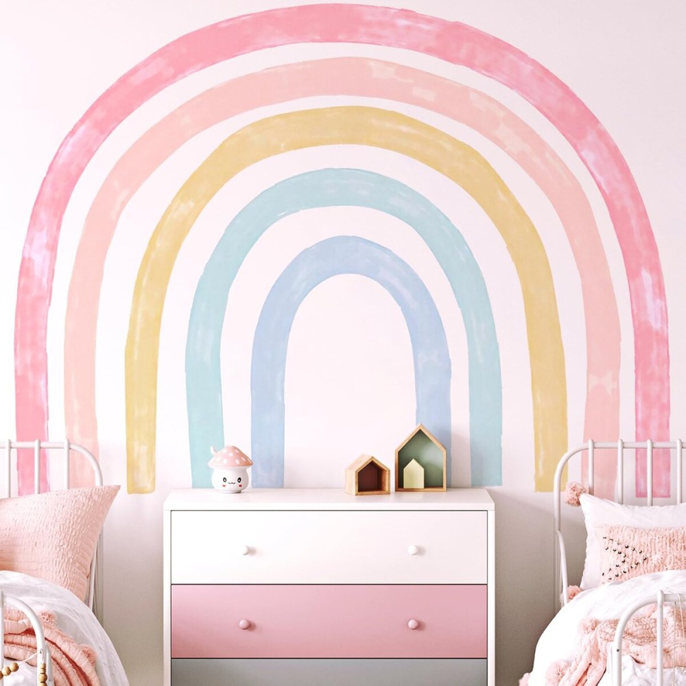 Kingarch Large Watercolor Rainbow Wall Decals, Colorful Peel and Stick Fabric Nursery Wall Decor, Removable Home Room Wall Decor Murals Stickers for Kids Girls Toddler Bedroom Living Room Playroom