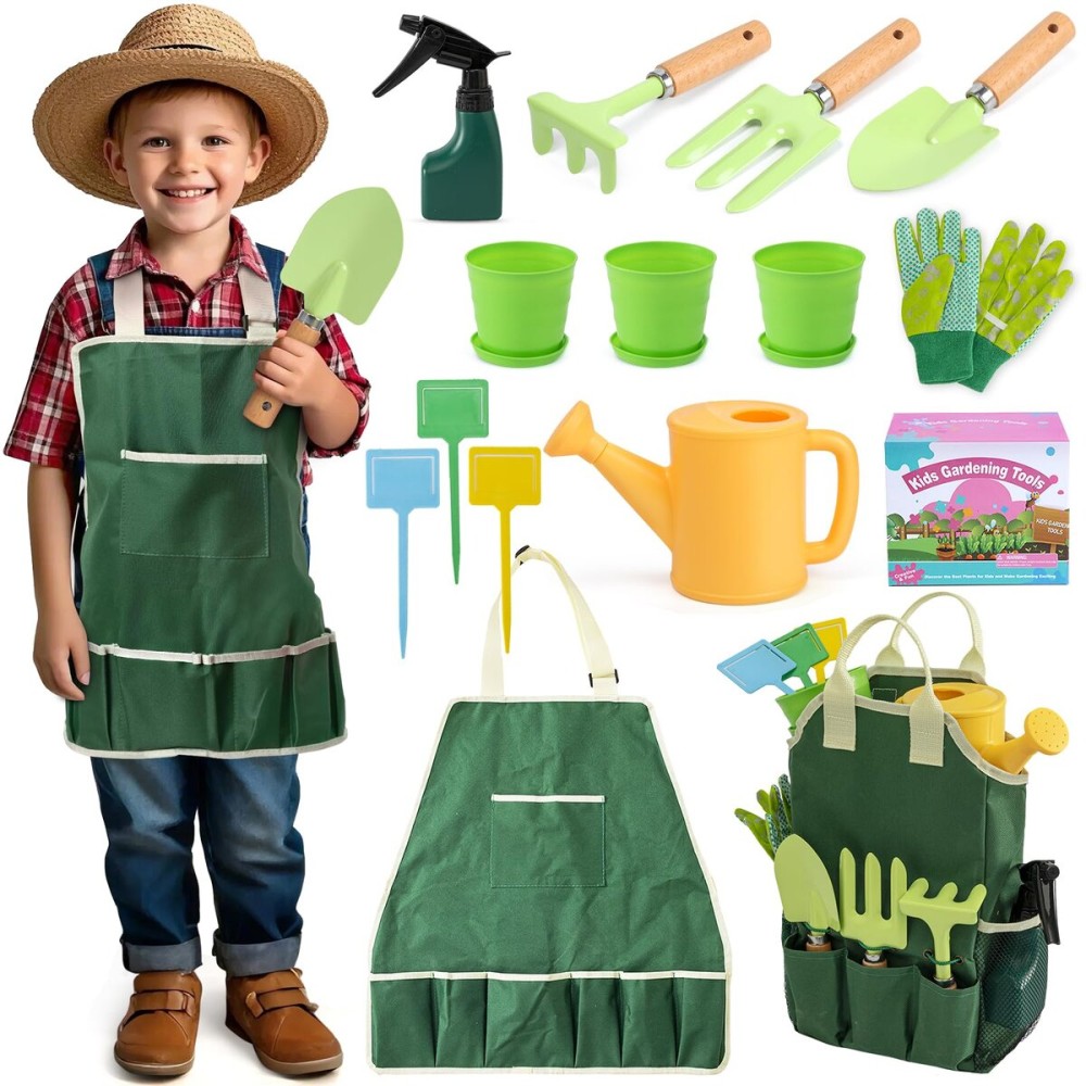 JOI MEW Kids Gardening Tools Set, Garden Toys w/Wooden Handle Alloy Rake,Fork,Trowel, Watering Can,Gloves,Tote Bag,Plant pots, DIY Bookmark Kits, Spring Summer Toy Outdoor Gift for Toddler Boy Girl