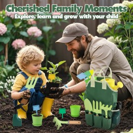 JOI MEW Kids Gardening Tools Set, Garden Toys w/Wooden Handle Alloy Rake,Fork,Trowel, Watering Can,Gloves,Tote Bag,Plant pots, DIY Bookmark Kits, Spring Summer Toy Outdoor Gift for Toddler Boy Girl
