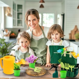 JOI MEW Kids Gardening Tools Set, Garden Toys w/Wooden Handle Alloy Rake,Fork,Trowel, Watering Can,Gloves,Tote Bag,Plant pots, DIY Bookmark Kits, Spring Summer Toy Outdoor Gift for Toddler Boy Girl