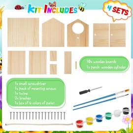 Liliful 4 Pack Birdhouse Kit DIY Wooden Lovely Bird House with Paint and Paintbrushes Arts and Crafts Painting Kits for Boys Girls Adults Christmas Party Gift Build Paint Classroom Birthday Craft