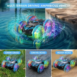 CGSGDK Beach Amphibious Remote Control Car Toys,2.4 GHz Remote Control Boat Waterproof, All Terrain RC Stunt Car with LED Lights, Land Water Boat Birthday Gifts Toys for 6-12 Year Old Boys Girls