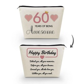 Livel lhood 60th Birthday Gift Makeup Bag for Women Cute Small Cosmetic Bag for Purse Travel Toiletry Zipper Pouch for 60-Year-Old Women Happy Birthday Gift Pink 60 Awesome Makeup Bag