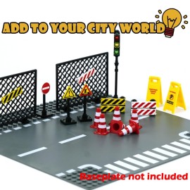 Pasacho City Road Signs Bricks Accessories, Construction Site Street Signs, Mini Traffic Cones & Crosswalk Signal Toys for Kids Building Blocks Toys for Boys