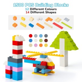 WYSWYG 1500 Piece Building Bricks,Bulk Classic Building Blocks Basic Box Compatible with Major Brands Baseplates, 12 Colors 14 Random Bulk Shapes