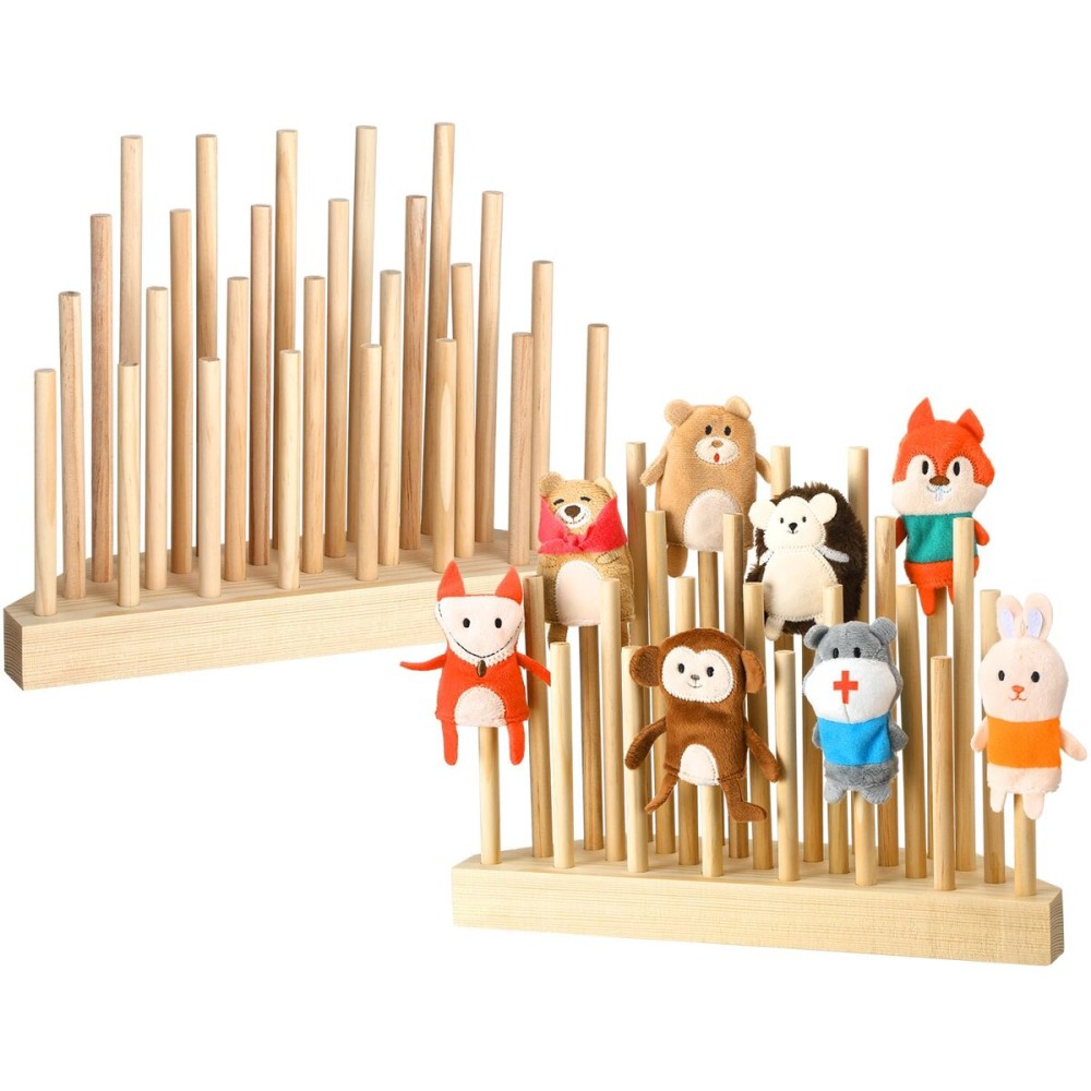 Briwooody Finger Puppets Stand 11.8 x 3 Inch Wooden Finger Puppet Holder for Kids Toddlers Classroom Home Anti Crush Stand for Storage and Easy Accessibility