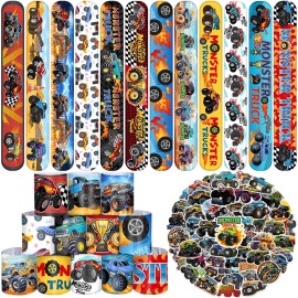 YYMYMGJ Monster Truck Party Favors, 24 Pcs Monster Truck Slap Bracelets 50 Pcs Monster Truck Stickers Monster Truck Birthday Party Decorations Supplies Gifts for Kids Boys Classroom Rewards