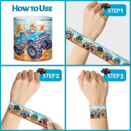 YYMYMGJ Monster Truck Party Favors, 24 Pcs Monster Truck Slap Bracelets 50 Pcs Monster Truck Stickers Monster Truck Birthday Party Decorations Supplies Gifts for Kids Boys Classroom Rewards