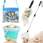 FETHWOIN Shark Tooth Sifter, Beach Sand Sifter, Sea Shell Scooper for Beach, Shell Bags&Foldable Bucket, Sand Beach Toys for Kids 6 8 10 12, Medium, Blue