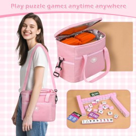 QYMZKA Chinese Small Mahjong Set for Travel, 144 Numbered Melamine 1.17 Size Tiles(Purple) and 8 Blank Tiles, with Carrying Travel Bag, English Instruction, Pro Complete Mahjongg Game Set (Majiang)