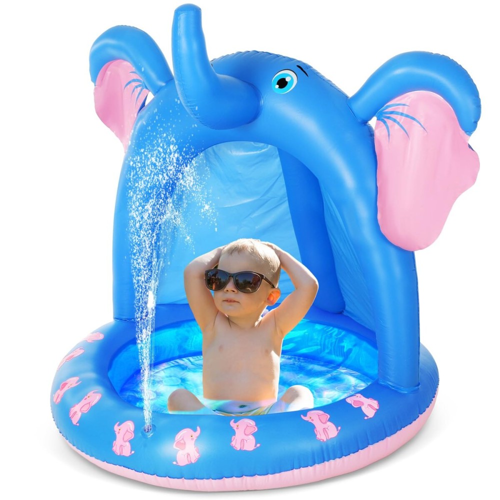 Relaxgiant 47 Inches Baby Pool with Canopy Elephant Inflatable Baby Swimming Pool with Soft Floor Bottom and Built in Sunshade Water Sprinkler for Kids Outdoor Indoor Game Play Center