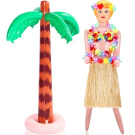 Liliful 2 Pcs Hawaiian Inflatable Blow up Doll Set 59\'\' No Moving Part Judy Doll Summer Inflatable Palm Tree Pool Raft Hula Skirt Bikini Top Costume(Grass Color)