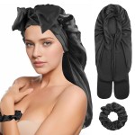 Long Satin Bonnet for Women, Large Silk Bonnet for Sleeping Bonnet with Tie Band and Scrunchies, Sleep Cap for Long Curly Hair, Braids(Black)