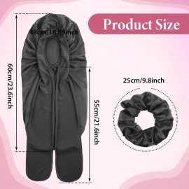 Long Satin Bonnet for Women, Large Silk Bonnet for Sleeping Bonnet with Tie Band and Scrunchies, Sleep Cap for Long Curly Hair, Braids(Black)