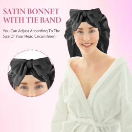 Long Satin Bonnet for Women, Large Silk Bonnet for Sleeping Bonnet with Tie Band and Scrunchies, Sleep Cap for Long Curly Hair, Braids(Black)