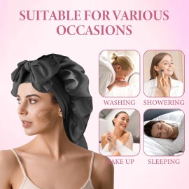 Long Satin Bonnet for Women, Large Silk Bonnet for Sleeping Bonnet with Tie Band and Scrunchies, Sleep Cap for Long Curly Hair, Braids(Black)