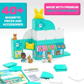 Tile Town Pet Vet Magnetic Tiles Set, 48 Piece Magnet Tiles for Kids with Sound and Lights, Innovative Action Play Kids Magnetic Tile Toys, Ages 3-6
