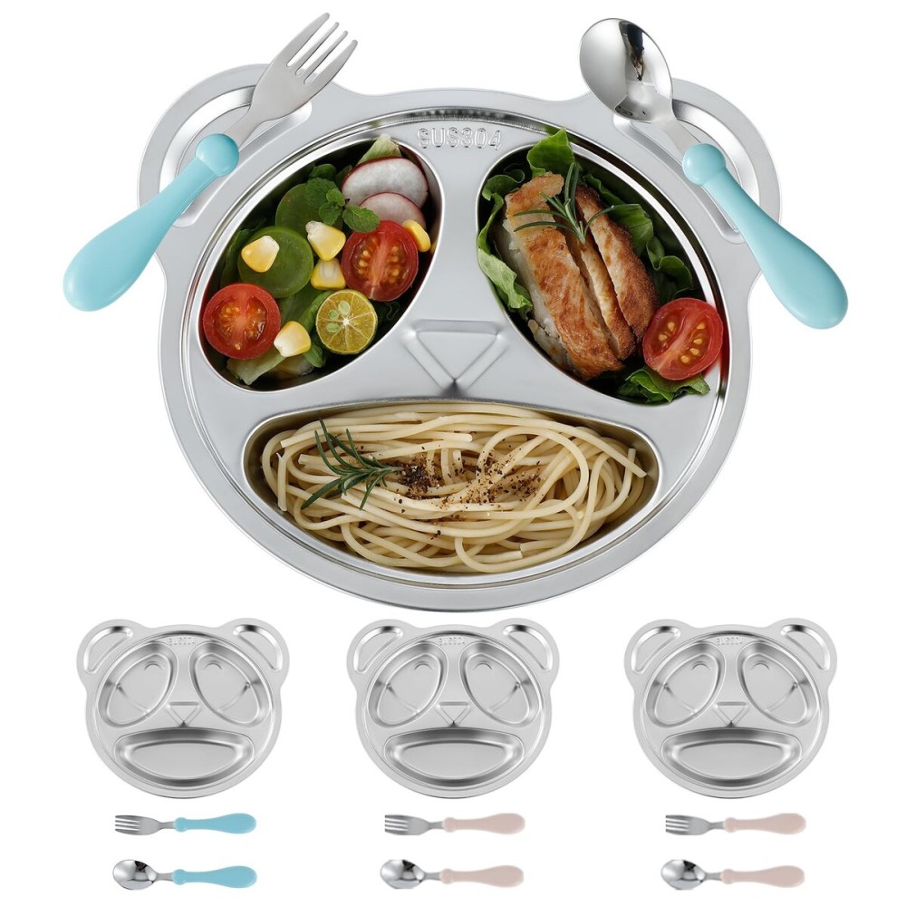 YLARMY Set of 4 Stainless Steel Divided Plates and utensils for kids,3 Compartment Toddler Plate Metal Kid Dinner Tray BPA Free, Cute Panda Shape Toddlers Dishes Dinnerware Picky Eater bowls